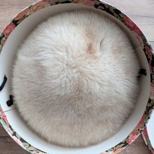 White and Cream Ladies Fur Hat with Vintage Floral Box